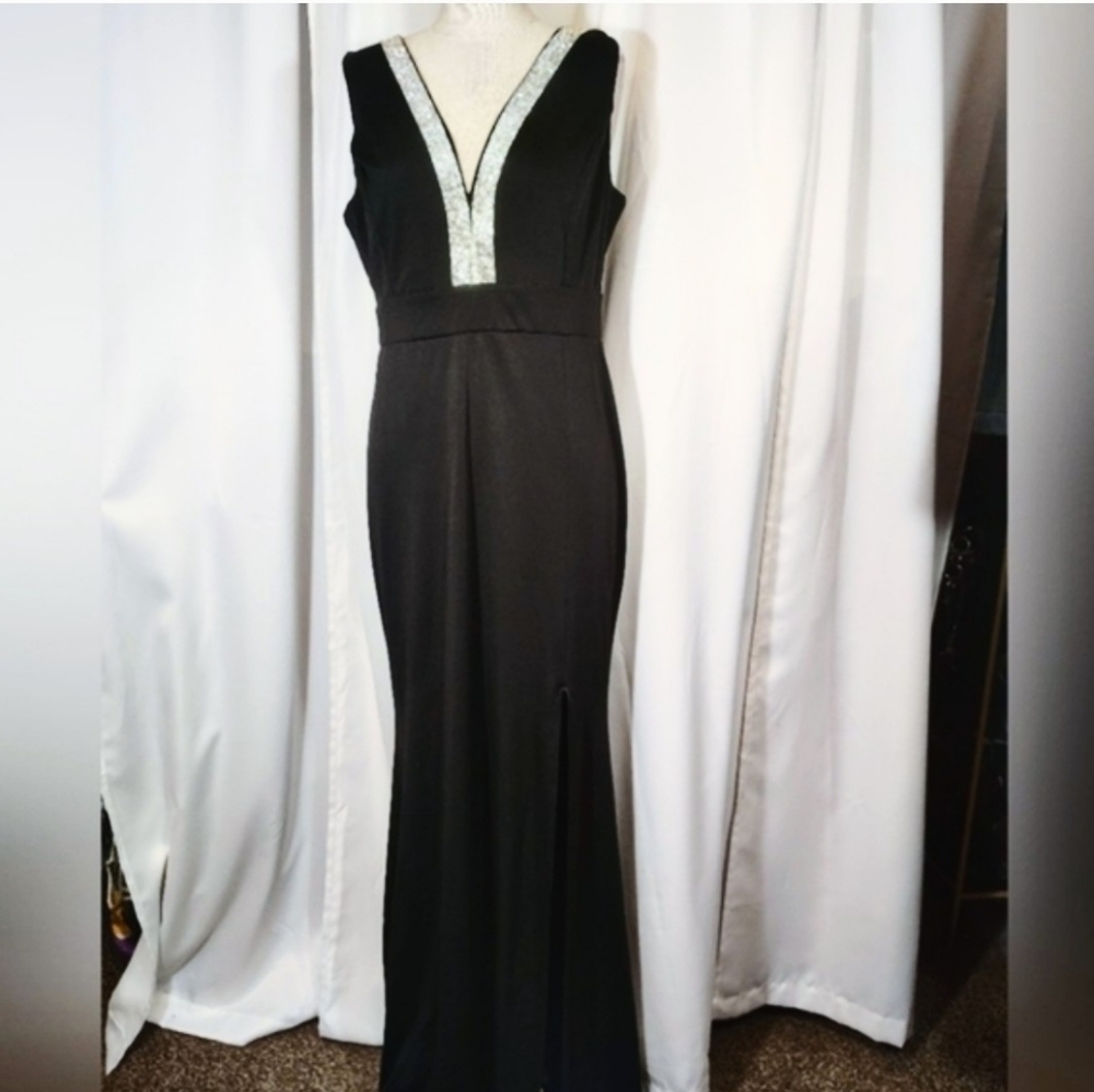 2 Pc: Charlotte Rose Sheath Dress+ Crop Suit Jacket, Black/Silver Floor Lngth, M - Picture 2 of 16